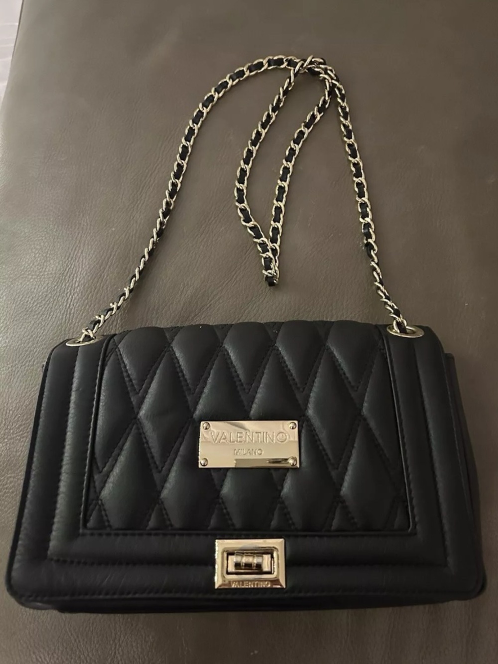 Mickeal Valentino Black Leather Chain Crossbody Shoulder Bag